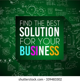 Success in Business conceptual background with a squared panel and a tex message over an infographics hand drawn doodle sketches background.