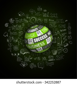 Success in Business conceptual background with a squared panel and a tex message over an infographics hand drawn doodle sketches background.