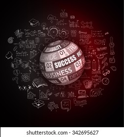 Success in Business conceptual background with a squared panel and a tex message over an infographics hand drawn doodle sketches background.