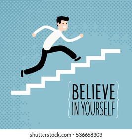 Success. Business or education concept. Businessman running up stairs. Vector illustration