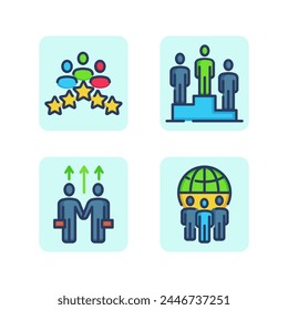 Success business employees line icon set. Five stars, excellent work, leadership, first place, career growth, global business prospect. Business team work success, career development concept. Vector i
