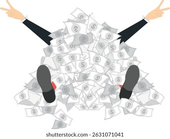 Success in business. Gambling. Lottery. Hands with victory or winning gesture rise from the big pile of money. Man lying under a pile of money	