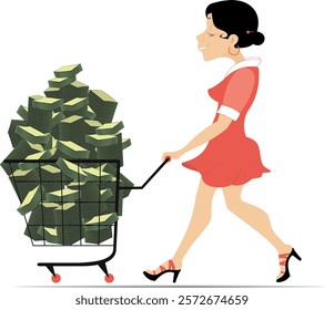 Success in business. Gambling. Lottery. 
Successful woman is pushing a trolley full of money. Business concept illustration
