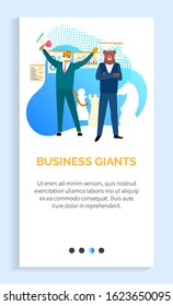 Success business giants vector leadership of best entrepreneurs in field, confident hipster businessman stands amid economic growth, tiger bear. Website or app slider template, landing page flat style