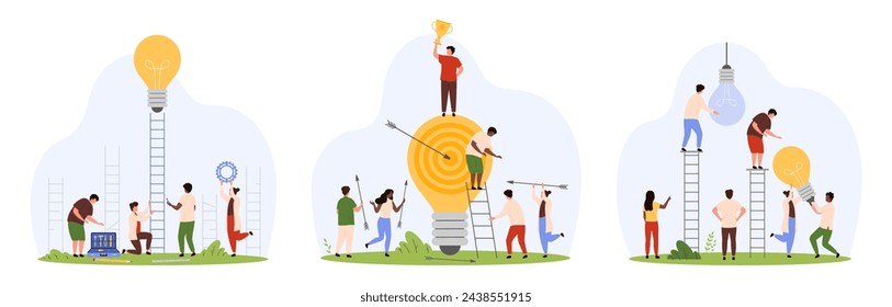 Success business goal and career, change to new innovation set. Tiny people climb ladder to yellow light bulb, hit circle target with arrow, replace broken dark lamp cartoon vector illustration