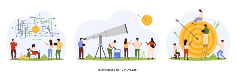 Success business goal and progress in challenge set. Tiny people work with maze of solutions to achieve goal, look at target through telescope, hit bullseye with arrow cartoon vector illustration