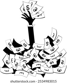 Success in business. Hand with paper currency. Gambling. Lottery. 
Hand with paper currency rising from the big pile of money. Black and white illustration
