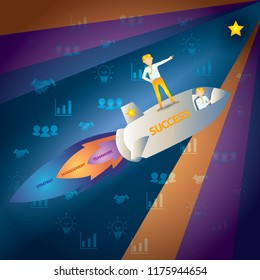 Success in business. Icon. Start up. Businessman is flying on the rocket up in the space