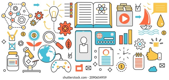 Success business idea. Creative startup with light bulb symbol and knowledge, global data digital research, communication and strategy solution in infographic concept banner, thin line art design