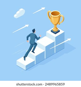 Success business illustration. Vector isometric illustration. Businessman running along the steps to the trophy, the process of success