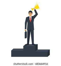 Success business leader concept. Businessman on winners podium with gold victorious cup. Leadership first place. Vector illustration flat design. Isolated on white background. Metaphor.