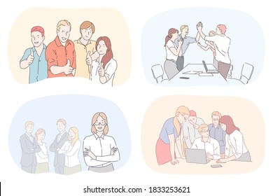 Success, business, leadership, coworking, meeting, partnership, brainstorming, communication, teamwork set. Collection of teams of businessmen women coworkers managers working together in office.