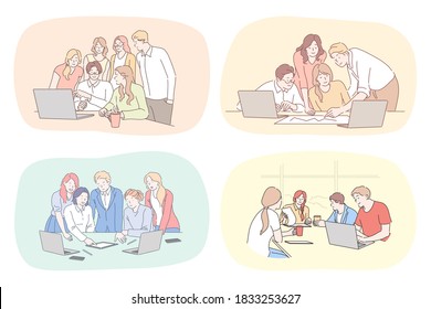 Success, business, leadership, coworking, meeting, partnership, brainstorming, communication, teamwork set. Collection of teams of businessmen women coworkers managers working together in office.