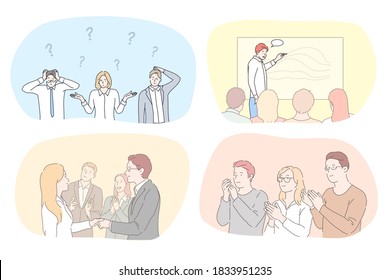 Success, business, leadership, meeting, partnership, brainstorming, communication set. Teams of businessmen women coworkers managers think about problem applauding participating in conference together