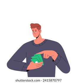 Success business man count money. Happy young worker hold cash currency in hand. Finance management. Budget planning. Financial literacy concept. Flat isolated vector illustration on white background