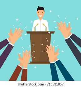 Success in business. Man giving a speech on stage. Human hands clapping. Flat design modern vector illustration concept.