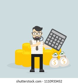 success business man hold Magnifying glass to analytics for earnings money from market.