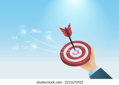 Success business marketing target. Businessman hand hold dartboard hit on red target with growth graph and business report. Achievement, goal and competitive in business marketing and strategy.