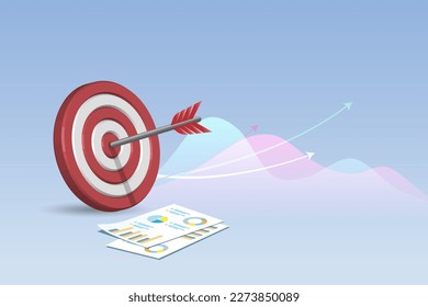 Success business marketing target. Dart hit on red target with growth graph and business report. Achievement, goal and competitive in business strategy and financial investment.