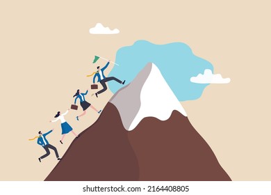 Success business mission, leadership to lead team to achieve goal, challenge or effort to reach target, motivation and teamwork to success, business people team members running to reach mountain peak.
