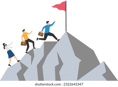 Success business mission, Leadership to lead team to achieve goal, Challenge or effort to reach target, Motivation and teamwork to success, Team members running to reach mountain peak

