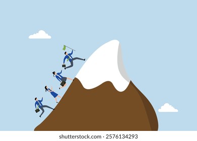 Success business mission, team members of a business sprinting to attain the mountain summit. 