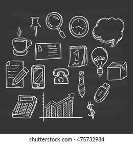 success business planning icons using doodle art on chalkboard background