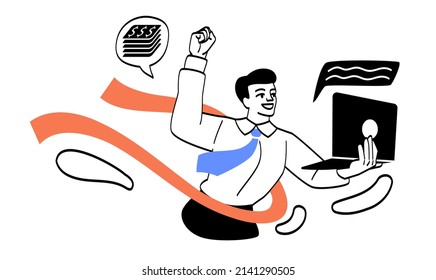 Success, business profit, plan. Man runs with laptop in his hand, employee competition, leadership and motivation. Company development and earnings increase. Cartoon flat vector illustration