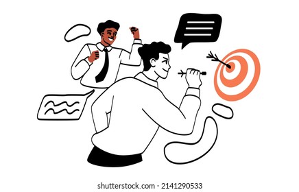 Success, business profit, plan. Man throws darts at target. Leadership and motivation. Successful businessman or entrepreneur, boss gives instructions to subordinates. Cartoon flat vector illustration