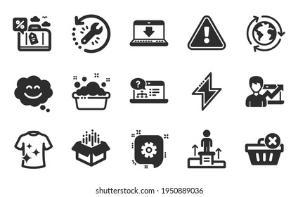 Success business, Recovery tool and Outsourcing icons simple set. Online help, Cogwheel and Business podium signs. Delete purchase, Open box and Hand washing symbols. Flat icons set. Vector