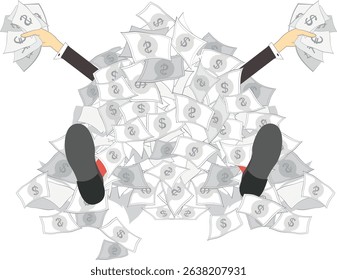 Success in business. Rich man. Lottery. 
Happy businessman with money in both hands lies under the huge pile of money. Business concept illustration
