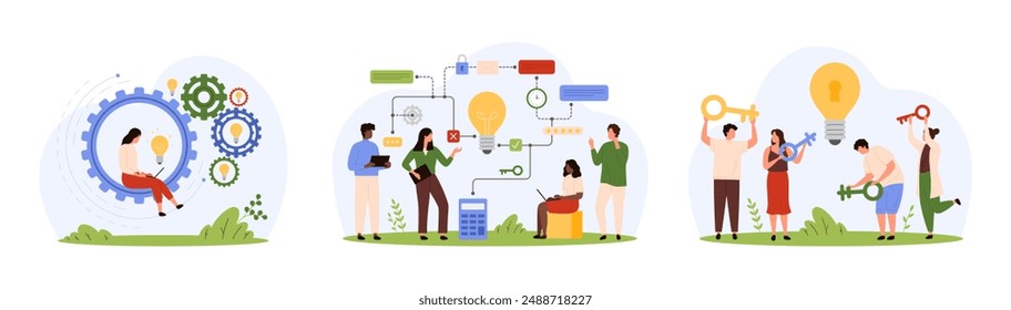 Success business solution research, strategic planning set. Tiny people discuss and customize creative ideas on project scheme, work with light bulb lock and key, gears cartoon vector illustration