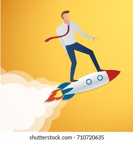 success in business start up businessman on rocket vector illustration