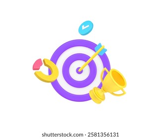 Success business strategy target achievement dartboard with arrow in bullseye 3d icon realistic vector illustration. Competition sport win aspirations leadership idea accuracy efficient management