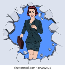 Success in Business. Successful Businesswoman Breaking the Wall. Career Growth. Pop Art Concept. Vector illustration