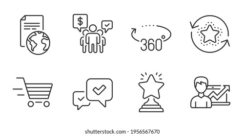 Success business, Teamwork and Translation service line icons set. Delivery shopping, Winner and 360 degrees signs. Loyalty points, Approve symbols. Quality line icons. Success business badge. Vector