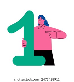 Éxito o concepto de victoria empresarial. Mujer de negocios exitosa que sostiene el signo del primer lugar. Ilustración vectorial plana aislada sobre fondo blanco
