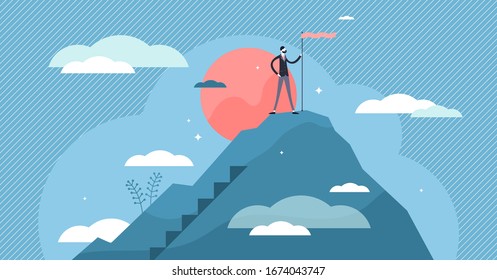 Success business vision concept, flat tiny businessman person vector illustration. Company growth mission achievement and reaching top. Innovation milestones direction and strategic leadership work.