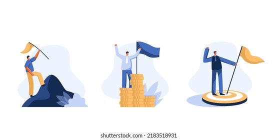 Success business vision. Success in work and finance. Businessman holding a flag and a pile of coins. Vector illustration.