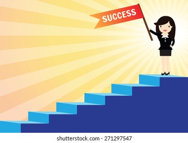 Success Business Woman With Briefcase Walking Up To Stairs