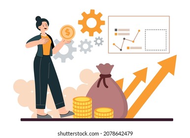 Success business woman. Girl standing with coin in her hands. Character increases his earnings. Highquality project, company growth, increased income, financial. Cartoon flat vector illustration