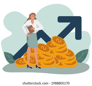 Success business woman standing near by heap of her money. Stock market service. Financial advisor. Modern vector illustration.