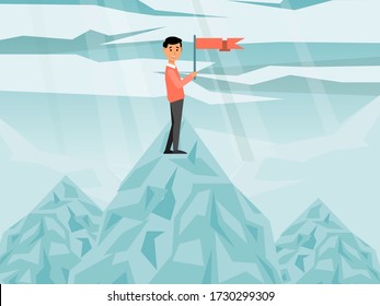 Success business work, character male hold red flag ascent mountain, flat vector illustration. Get promotion work, effective employee achieved grin. Commercial industry achievement company.
