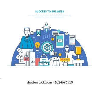 Success to business. Success in work, leadership, career growth, growth in work, luck, financial well-being. Achievement of high goals. Successful happy businessman man. Illustration thin line design.