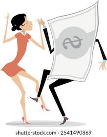 Success in business. Young woman and dollar dance together. Happy woman dancing with a paper dollar. Rich woman. Lottery. Business concept illustration