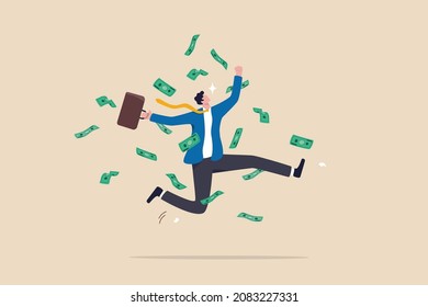 Success businessman achieve financial freedom, happy millionaire with plenty of money and wealth, income or salary increase or career opportunity concept, happy businessman jump high with money rain.