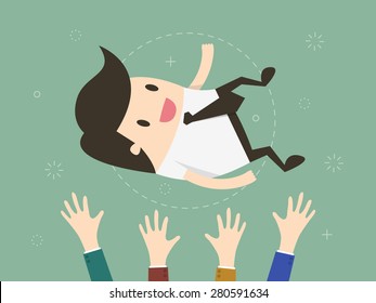 Success. businessman being thrown in the air. Flat design illustration 