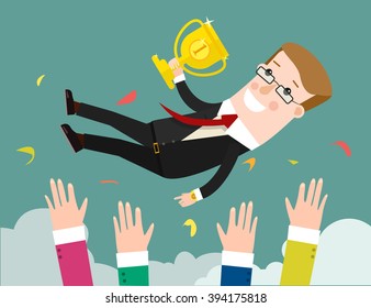 Success. businessman being thrown in the air. Flat design illustration