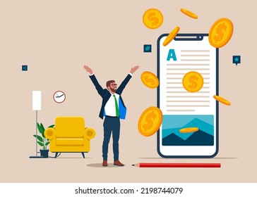 Success businessman blogger or writer catching money banknotes fall from the sky. Make money from online, monetize content, get income or earning from affiliate links.