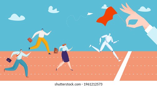 Success businessman and businesswoman people running rivalry competitor, future robot company office algorithm flat vector illustration.